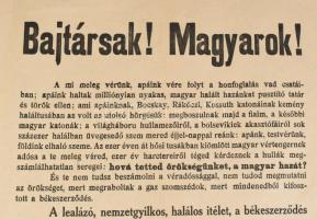 cca 1925 "Bajtársak! Magyarok!" Trianonnal kapcsolatos irredenta plakát, hajtott, 42×29 cm