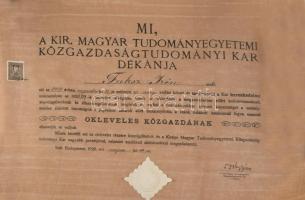 1929 Közgazdász diploma és oklevél hölgy részére függő viaszpecséttel