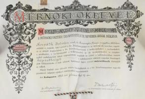 1929 Mérnöki oklevél függő viaszpecséttel