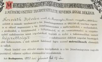 1929 Mérnöki oklevél függő viaszpecséttel