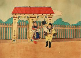 Jelzés nélkül: Népies rajz, ca 1930. Akvarell, papír, sérült, 30x40 cm