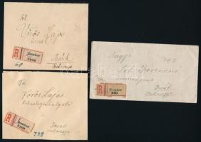 1920-1921 3 db ajánlott levél jugoszláv bélyegekkel, kézzel átírt magyar ragjegyekkel, az egyik még magyar hely-kelet bélyegzéssel
