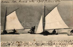 1905 Balaton, Vitorlásszánkók a befagyott Balaton jegén. Balázsovich Gyula fényképész kiadása (ázott...