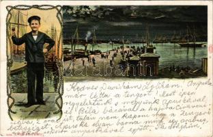 1905 Fiume, Rijeka; Matróz fiú a kikötőben este. G. Rüger &amp; Co. 9109. / mariner boy in the h...