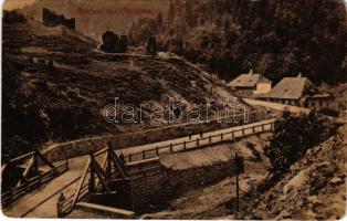 Ojtoz, Ojtoztelep, Oituz; Rákóczi vár az Ajtozi úton, híd. Turóczi István kiadása / Cetatea Rákóczi ...