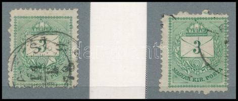 1874 2 db 3kr durva gyöngyjavítással (ex Orbán, Sebestyén aranyérmes kiállítási anyagból)
