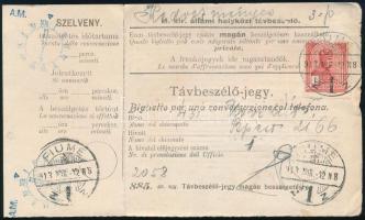 1913 Magyar - OLASZ nyelvű távbeszélő-jegy magán beszélgetéshez 1K Turul bérmentesítéssel "FIUME"