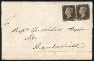Nagy-Britannia 1840.máj.06. A világ első bélyege párban levélen május 13-i felhasználással, szép szélekkel, jobb oldali kis papírránc! Igen korai felhasználás 7. napi rendkívüli ritkaság RRRRR! Bármilyen gyűjtemény kiemelt darabja lehet