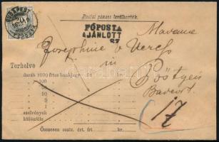 1876.szept.10. Postai pénzes boríték 2. súlyfokozatú ajánlott levélként felhasználva a szigorú tiltás ellenére! Színesszámú 20kr bérmentesítéssel "BUDAPEST / FŐPOSTA" - "PÖSTYÉN" nagyon ritka, csak néhány hasonló felhasználás ismert RRRR! Luxus, kiállítási darab!