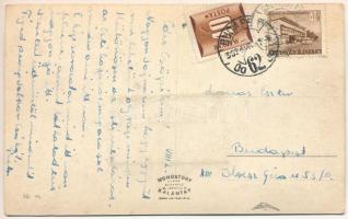 Balatonlelle, Fövenyfürdő, fürdőzők. Leporellolap 10 kis képpel, közte vasútállomás és hajóállomás