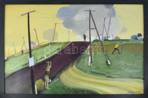 Neuberger István (1953-): Legények a mártélyi gáton, 2025. Olaj, farost. Jelzett. Fakeretben. 61x91 cm