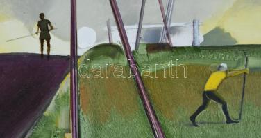 Neuberger István (1953-): Legények a mártélyi gáton, 2025. Olaj, farost. Jelzett. Fakeretben. 61x91 ...