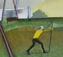 Neuberger István (1953-): Legények a mártélyi gáton, 2025. Olaj, farost. Jelzett. Fakeretben. 61x91 ...