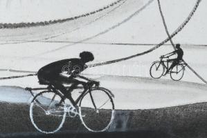 Neuberger István (1953-): Kerekesek, 2001. Akril, farost. Jelzett. Fakeretben. 55x80 cm