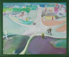 Neuberger István (1953-): Alpári biciklis. Akril, farost. Jelzett. Fakeretben. 56x69 cm