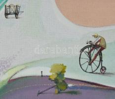 Neuberger István (1953-): Alpári biciklis. Akril, farost. Jelzett. Fakeretben. 56x69 cm