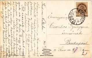 1942 Sződliget, Római katolikus templom, Országzászló, Sződ-Sződliget vasútállomás, érkező gőzmozdon...