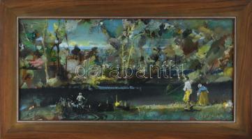 Neuberger István (1953-): Pirkadat (Tisza-ártér). Olaj, farost. Jelzett. Fakeretben. 34x71 cm