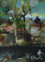 Neuberger István (1953-): Pirkadat (Tisza-ártér). Olaj, farost. Jelzett. Fakeretben. 34x71 cm