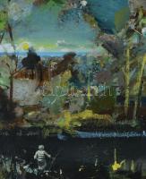 Neuberger István (1953-): Pirkadat (Tisza-ártér). Olaj, farost. Jelzett. Fakeretben. 34x71 cm