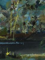 Neuberger István (1953-): Pirkadat (Tisza-ártér). Olaj, farost. Jelzett. Fakeretben. 34x71 cm