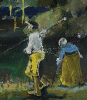 Neuberger István (1953-): Pirkadat (Tisza-ártér). Olaj, farost. Jelzett. Fakeretben. 34x71 cm