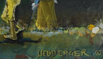 Neuberger István (1953-): Pirkadat (Tisza-ártér). Olaj, farost. Jelzett. Fakeretben. 34x71 cm