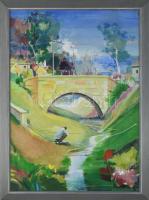 Neuberger István (1953-): Hidegkúti híd, 2012. Akril, farost. Jelzett. Fakeretben. 69x50 cm