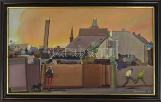 Neuberger István (1953-): A két suttyó (Budafok). Olaj, farost. Jelzett. Fakeretben. 40x65 cm