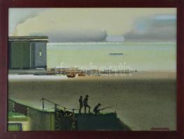 Neuberger István (1953-): Hárman a parton. Olaj, farost. Jelzett. Fakeretben. 39x53 cm