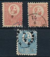1871 Kőnyomat 2 x 5kr (egyik elvékonyodott) + 10kr sarokhibák, az egyik sarok erősen javított / mixed quality stamps