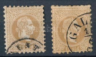 Magyar Posta Romániában 1867 2 x 15sld galati bélyegzéssel, különböző színárnyalatok, egyiken enyhe törés és pici lyuk