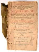 [Hutter, Leonhard (1563-1616)] Leonharto Huttero: Concordia Concors. De Origine et Progressu Formulae Concordiae Ecclesiarum Confessionis Augustanae, Liber Unus [...] Tebergae, 1614, Clementi Bergeri, [128]+770 p. Latin nyelven. Pergamen-kötésben, megviselt állapotban, hiányos borítóval és gerinccel, sérült, különvált címlappal, helyenként szúrágta lyukakkal, lapszéli ázásnyomokkal.