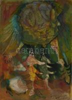 Almásy Aladár (1946-): Elhagyott csomagra váró, 1985. Akvarell, tus, papír, jelzett. Paszpartuban. Hátoldalán Almásy Aladár autográf feliratával. 21x15 cm