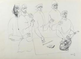 Almásy Aladár (1946-): Zenekar (cím nélkül), 1968. Tus, papír, jelzett. 36,5x51,5 cm. Az életmű korai, egyedi darabja!