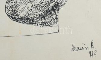 Almásy Aladár (1946-): Zenekar (cím nélkül), 1968. Tus, papír, jelzett. 36,5x51,5 cm. Az életmű kora...