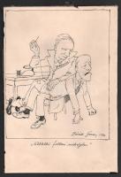 Zórád Géza (1882-1961): "Kültelki foltozó műhelyben" (karikatúra), 1930. Tus, papír, jelzett, kartonon, 31×21,5 cm