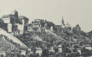 Váci András (1928-1989): Budapest (Az Erzsébet híd alól). Rézkarc, papír. Jelzett. Üvegezett fakeret...