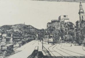 Váci András (1928-1989): Budapest (Az Erzsébet híd alól). Rézkarc, papír. Jelzett. Üvegezett fakeret...