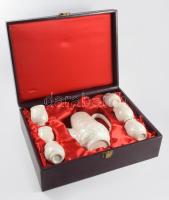 Retro kínai gyöngyház hatású porcelán teás szett, hibátlan, díszdobozban, m: 5-17 cm