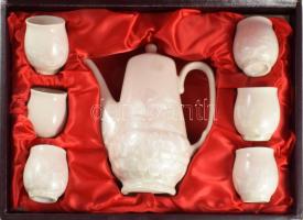 Retro kínai gyöngyház hatású porcelán teás szett, hibátlan, díszdobozban, m: 5-17 cm