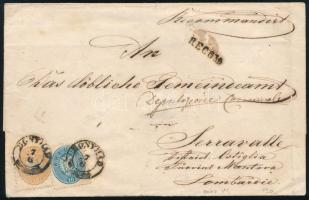 ~1865 10kr + 15kr ajánlott levélen Lombardiába "BONYHÁD"