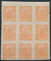 1913 Hírlapbélyeg ívszéli 9-es tömb fekvő vízjellel (ráncok, két helyen hajtott / creases, folded)