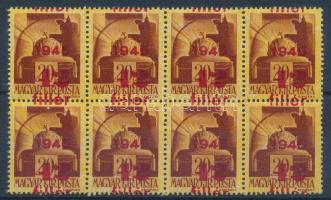 1945 Kisegítő 42f/20f 8-as tömb látványosan elcsúszott felülnyomással