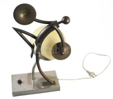 cca 1930-1940 Art deo asztali lámpa cintányéros figurával, Karl Hagenauer modorában. Magyar (Debreceni Lámpagyár?), bronz, nikkelezett fém, búrája levételhez illeszkedően vágott, m: 41 cm. Ritka!  ///  c. 1930-1940 Art Deco table lamp with a cymbal-holding figure, in the manner of Karl Hagenauer. Hungarian (possibly Debrecen Lamp Factory?). Bronze and nickel-plated metal, with a shade precisely cut to fit the removable mount. Height: 41 cm. Rare!