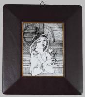 Hollóházi porcelán Szász Endre által tervezett mintával díszített plakett, jelzett, hibátlan, 12x9 cm