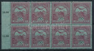1913 Turul 50f tívszéli nyolcastömb, benne a 35f/50f tévnyomat (200.000). A tévnyomatos bélyeg I., a balról és jobbról mellette lévők II. tipusúak. / Mi 121 margin block of 8 with Mi 120F error "35" for "50". The 2 stamps next to error are of type II.