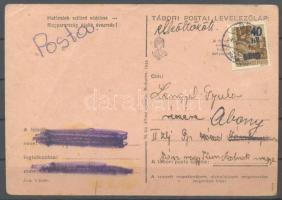 Abony 1945 Hadvezérek 40f/10f távolsági levelezőlapon Jászfényszarura, "elköltözött" jelzéssel visszaküldve. A bélyeg 100 példányban készült, küldeményen néhány példány létezhet. / 40f/10f on postcard to Jászfényszarú, returned. Issue of the stamp: 100 pcs, a few cards can exist. Certificate: Bodor, Flasch