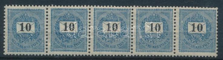 1898 10kr ötöscsík lemezösszefüggés, nagyon ritka! Az 5. bélyegen folt a háromszög alatt.
