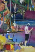 Neuberger István (1953-): Vízparti élet. Olaj, farost. Jelzett. Fakeretben. 48x58 cm